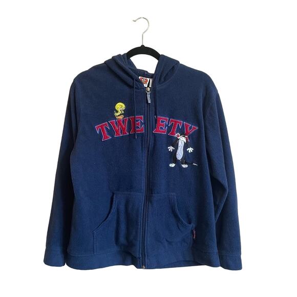 Vintage Looney Tunes L fleece hoodie TWEETY bird Sylvester cat fandom navy blue - Picture 1 of 7